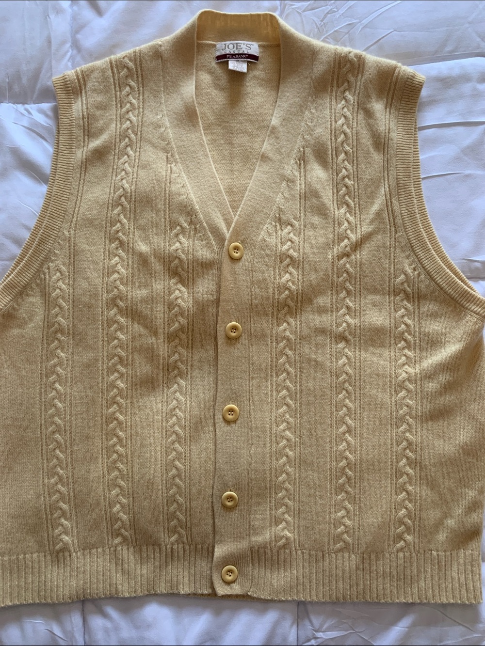 Joe's Casual Men’s XL Soft Yellow Cashmere Cable Knit Button Front Vest Vintage